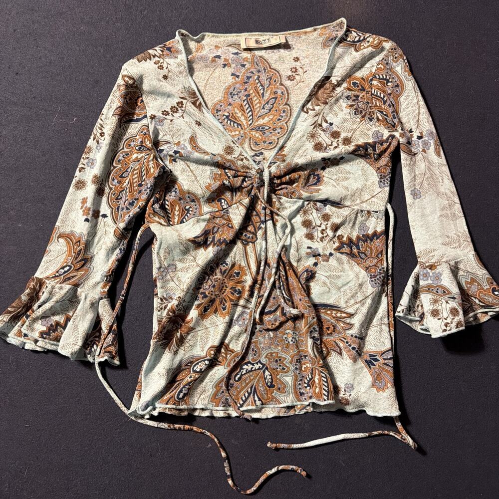 Obe Blouse V-Neck Small Petite Multi Color Floral Tie Womens